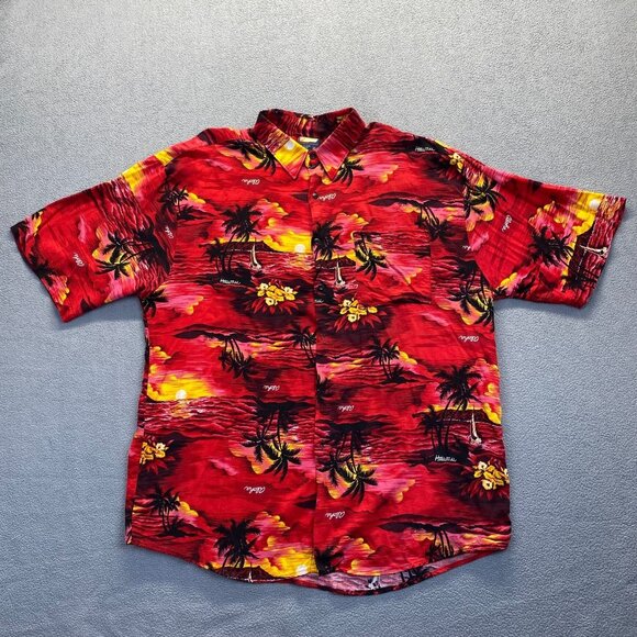212 NYC  Hawaiian Men Button-Up Shirt Red Sunset Aloha Palm,Size XL,Rayon,Safari - Picture 1 of 8